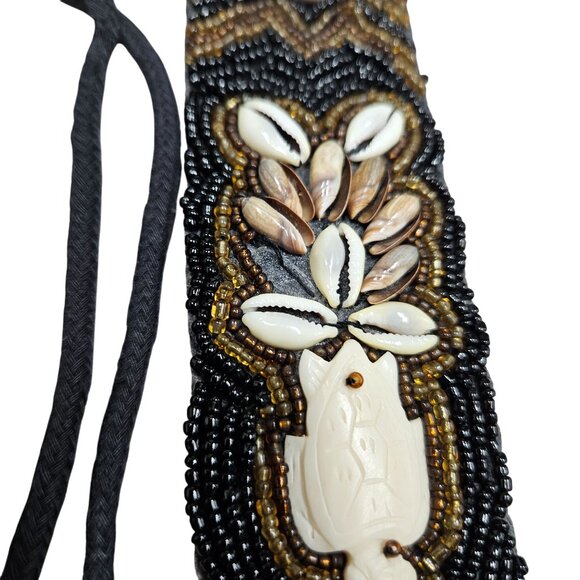 Handcrafted Beaded Black Beige‎ Bohemian Belt Cowrie Shells Carved Turtle Tie - Picture 2 of 11